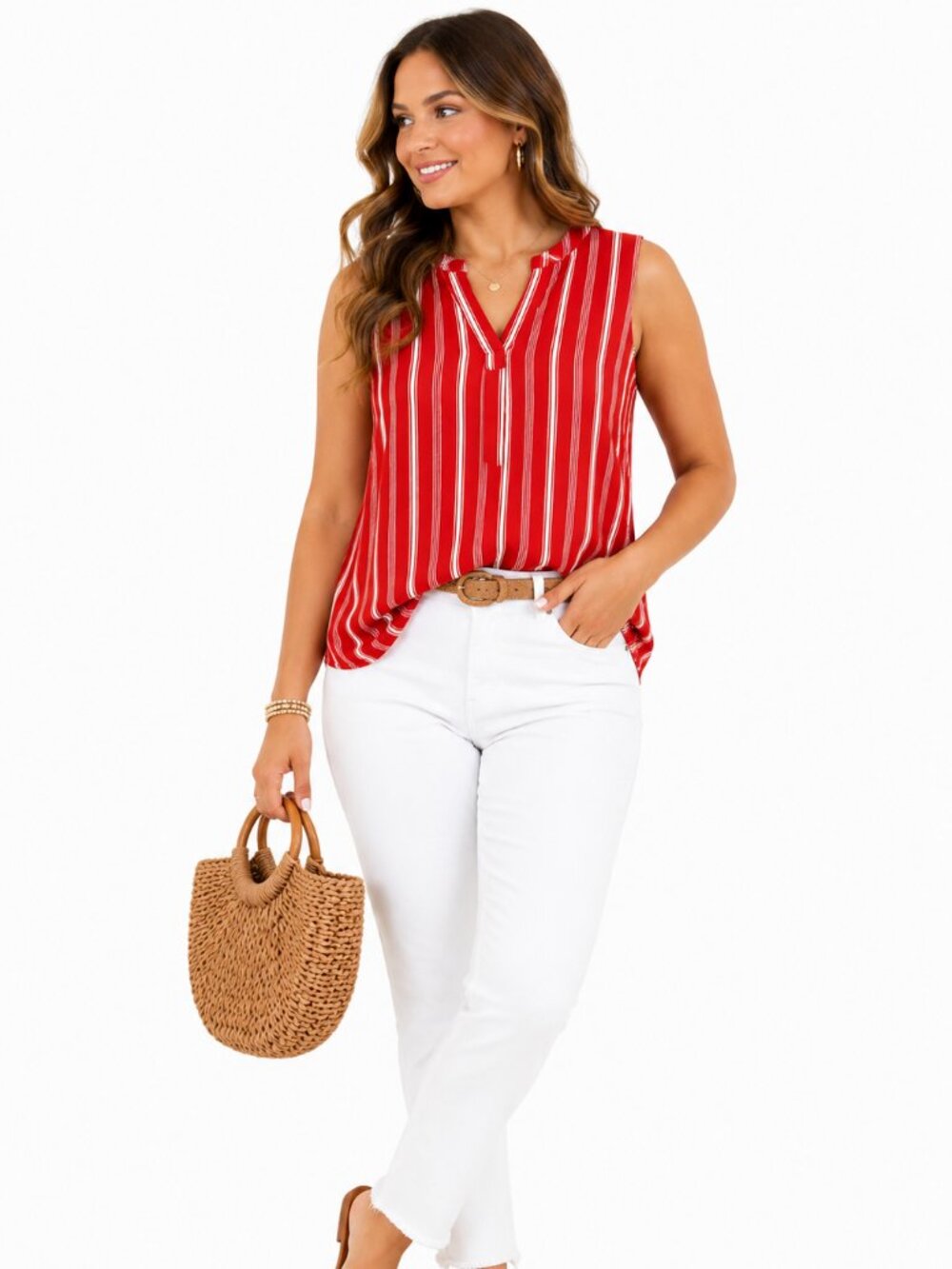 Liz Claiborne Red White Striped Sleeveless Blouse Medium Lightweight Rayon Top